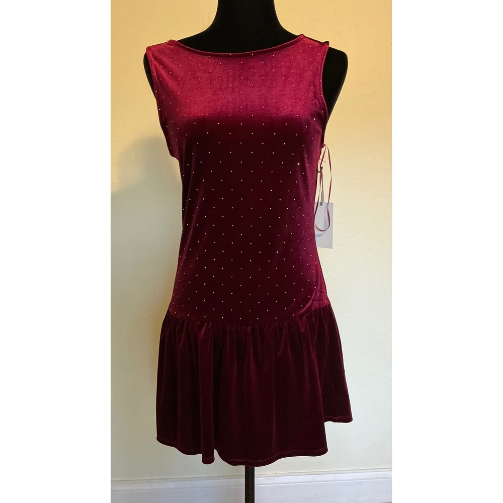 NWT Iris Burgundy Velvet Studded Drop Waist Mini Dress  Large Sleeveless